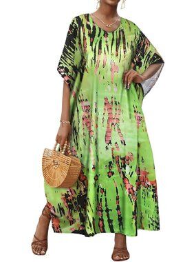 Women's Green Stripes Plus Size V Neck Caftan Long Batwing Sleeve Cover Up